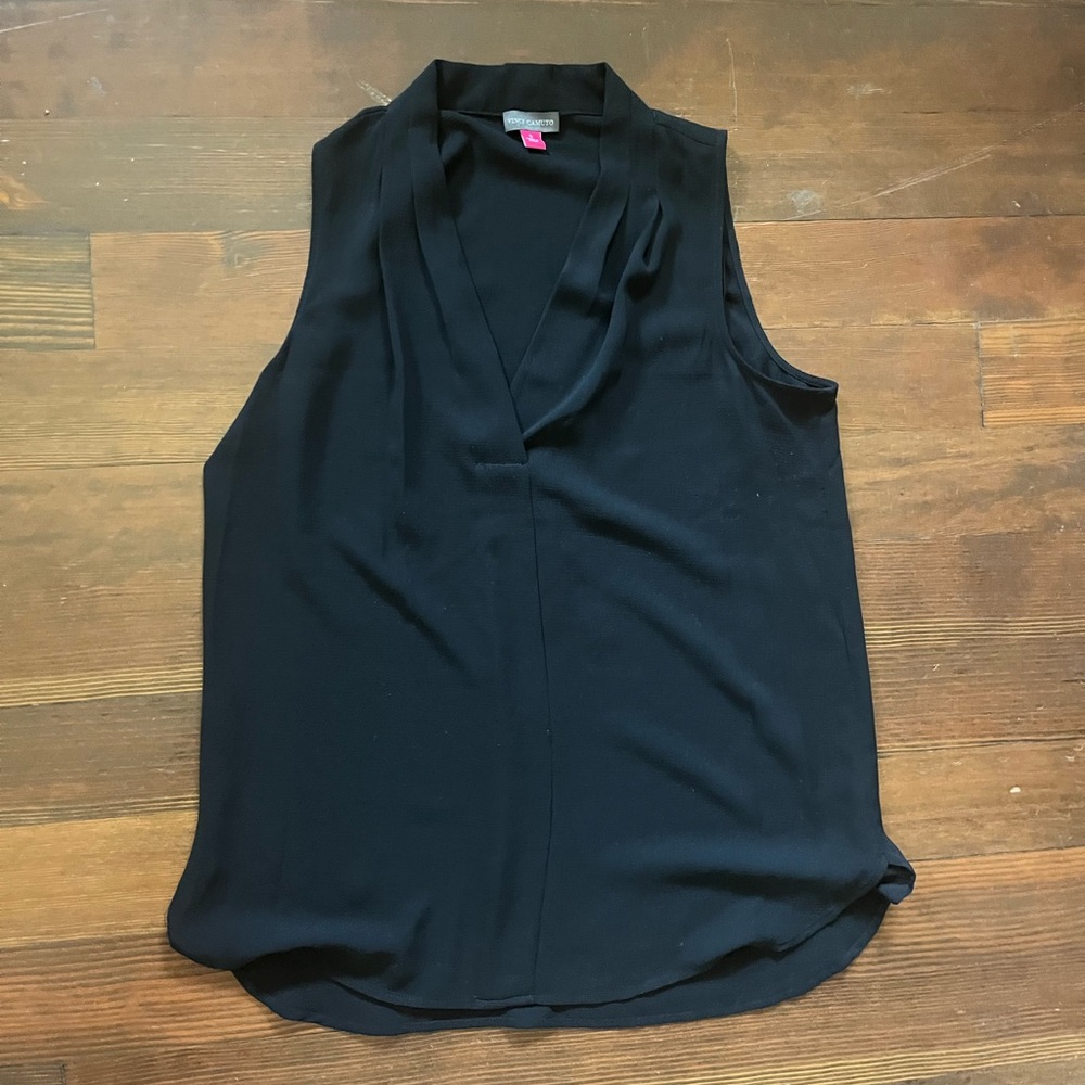 Vince Camuto Pleated V-Neck Sleeveless Black Blouse Womens Size S